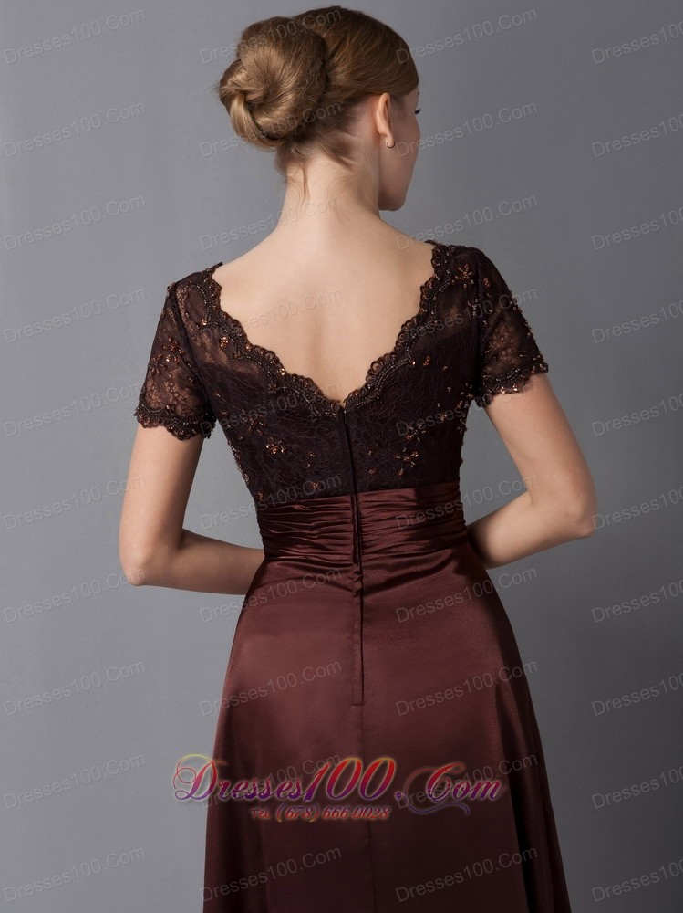 Brown Column Mothers Dresses V-neck Ankle-length Satin
