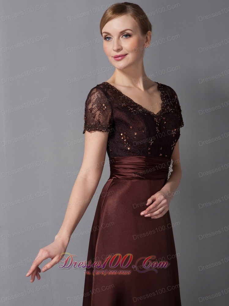 Brown Column Mothers Dresses V-neck Ankle-length Satin