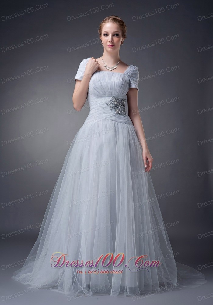 Gray Square Mother Of The Bride Dress Tulle Appliques