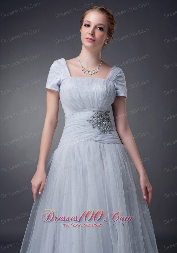 Gray Square Mother Of The Bride Dress Tulle Appliques