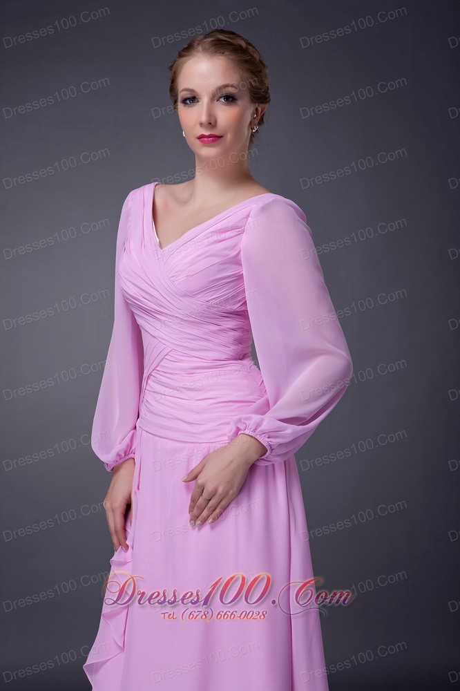 Baby Pink Empire V-neck Mother Of The Bride Dress Tea-length
