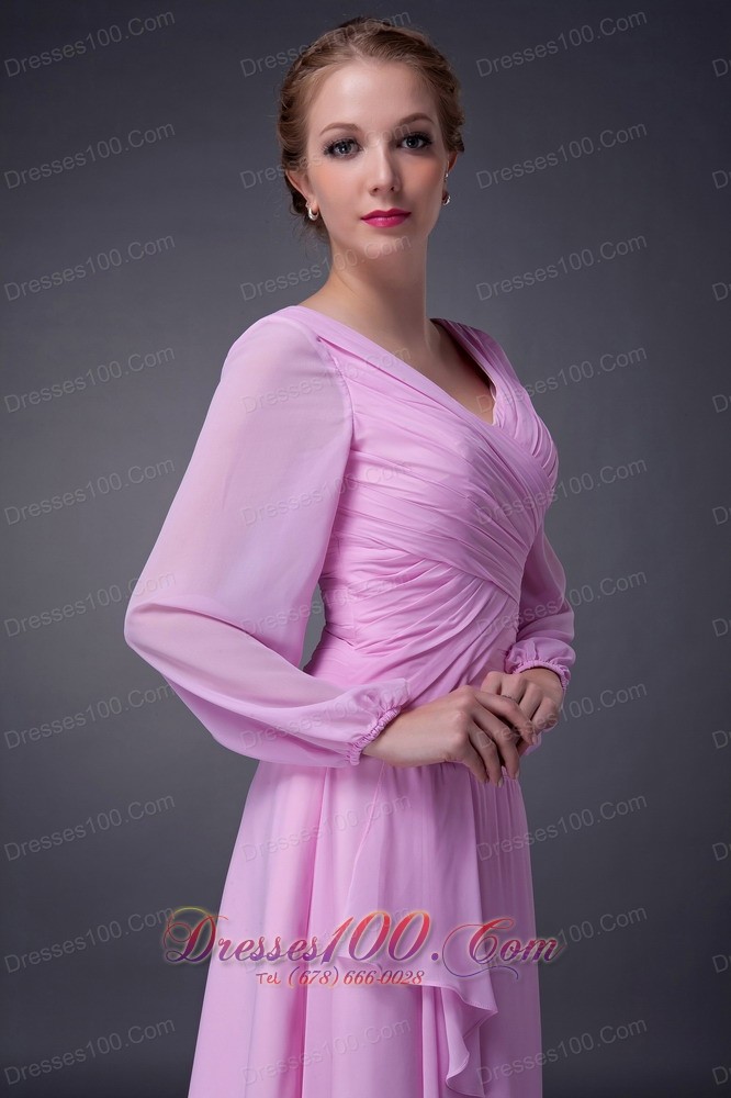 Baby Pink Empire V-neck Mother Of The Bride Dress Tea-length