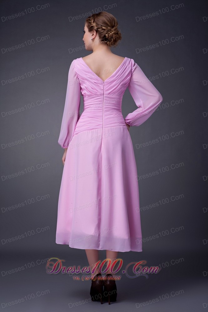 Baby Pink Empire V-neck Mother Of The Bride Dress Tea-length