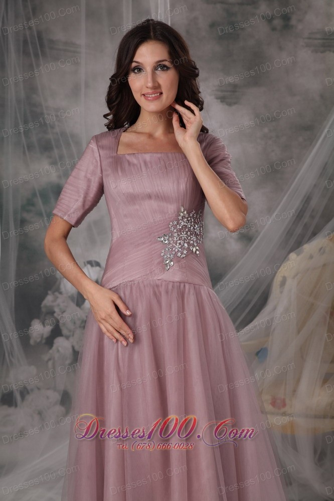 Square Neck Half Sleeves Sweep Train Mother Of The Bride Dress