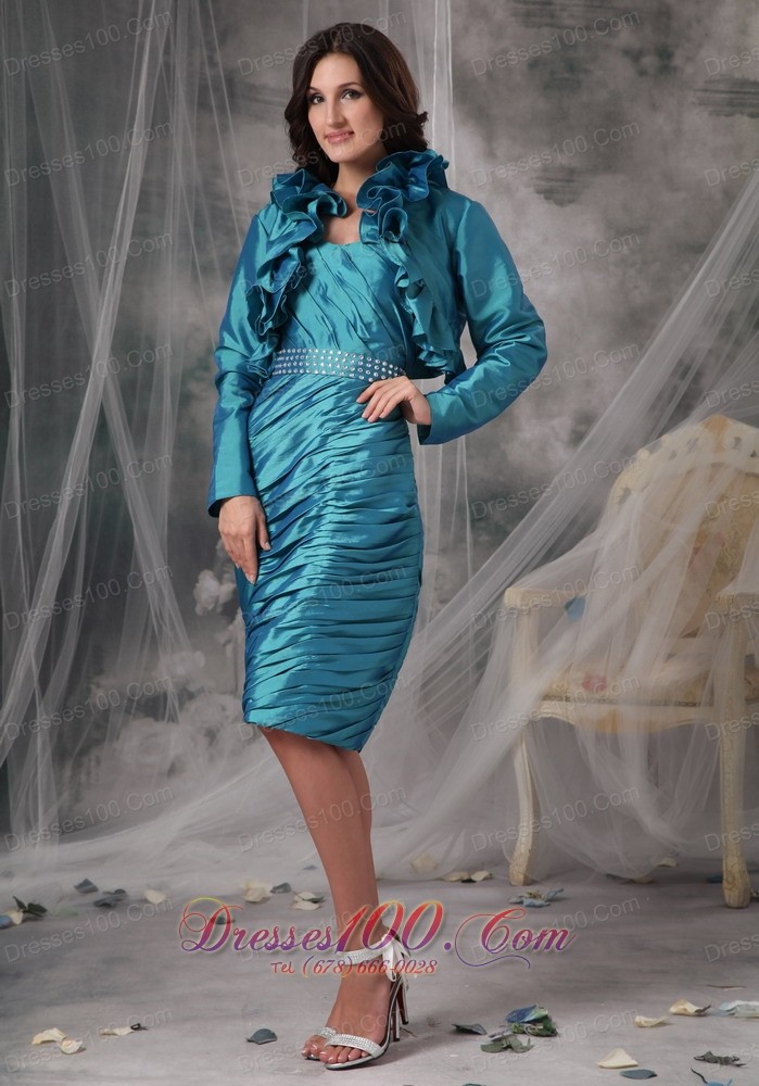 Turquoise Column Ruched Mom's Dress With Jacket
