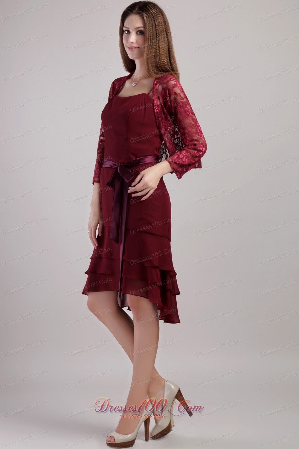 Layered Burgundy Mother Bride Dress With Lace Jacket