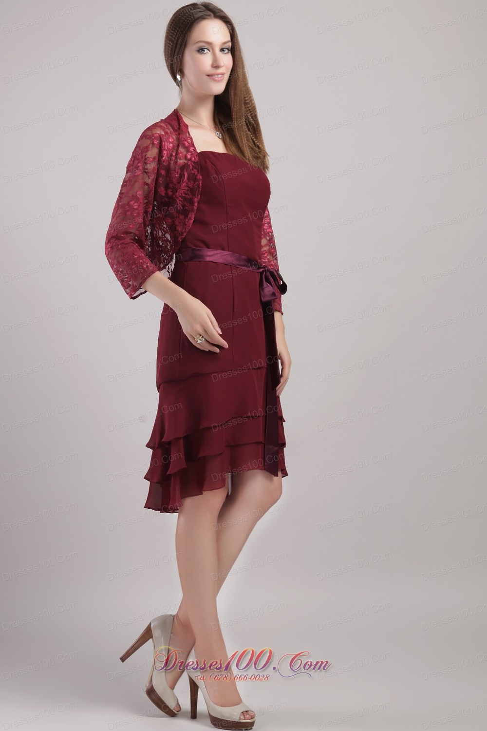 Layered Burgundy Mother Bride Dress With Lace Jacket