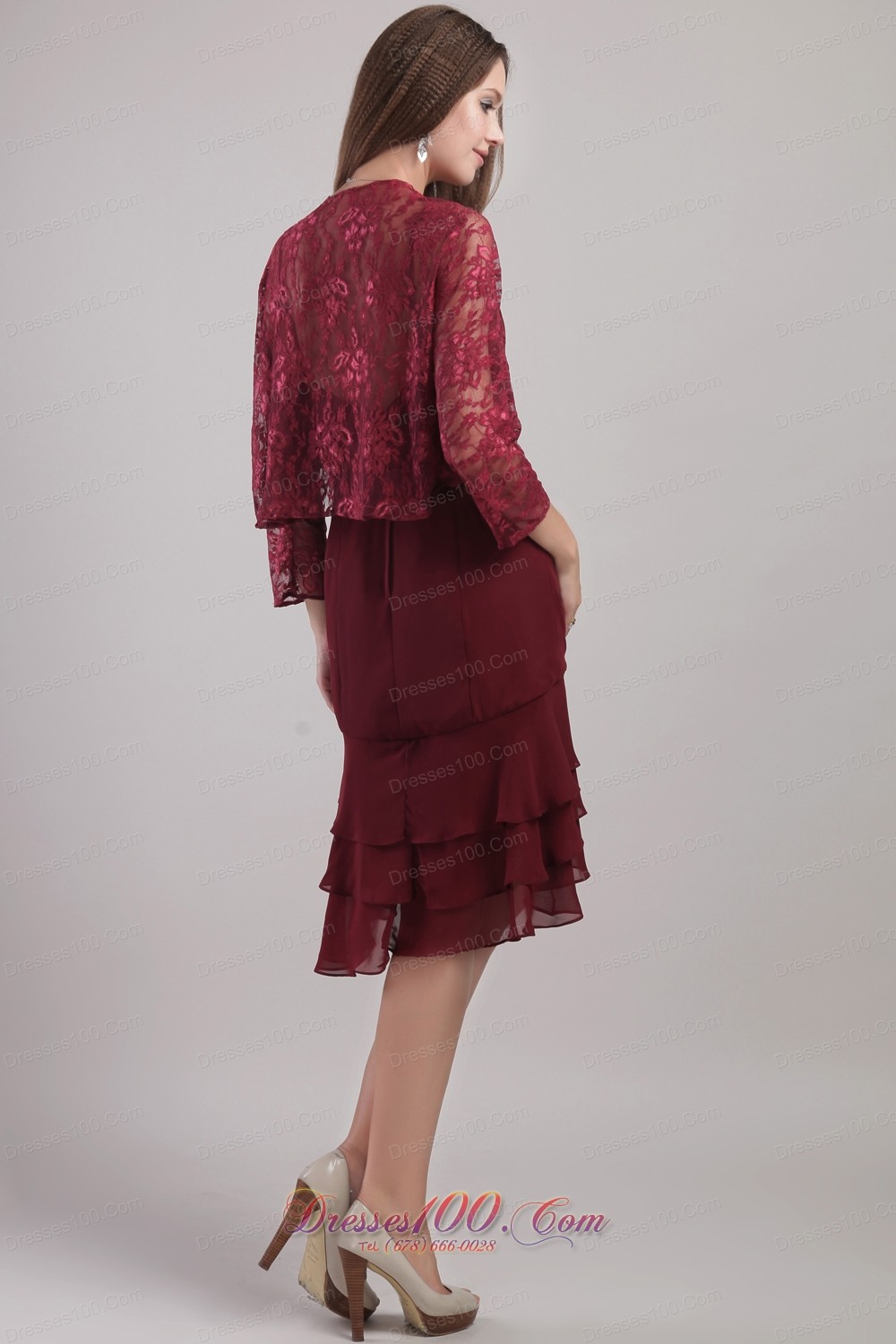 Layered Burgundy Mother Bride Dress With Lace Jacket