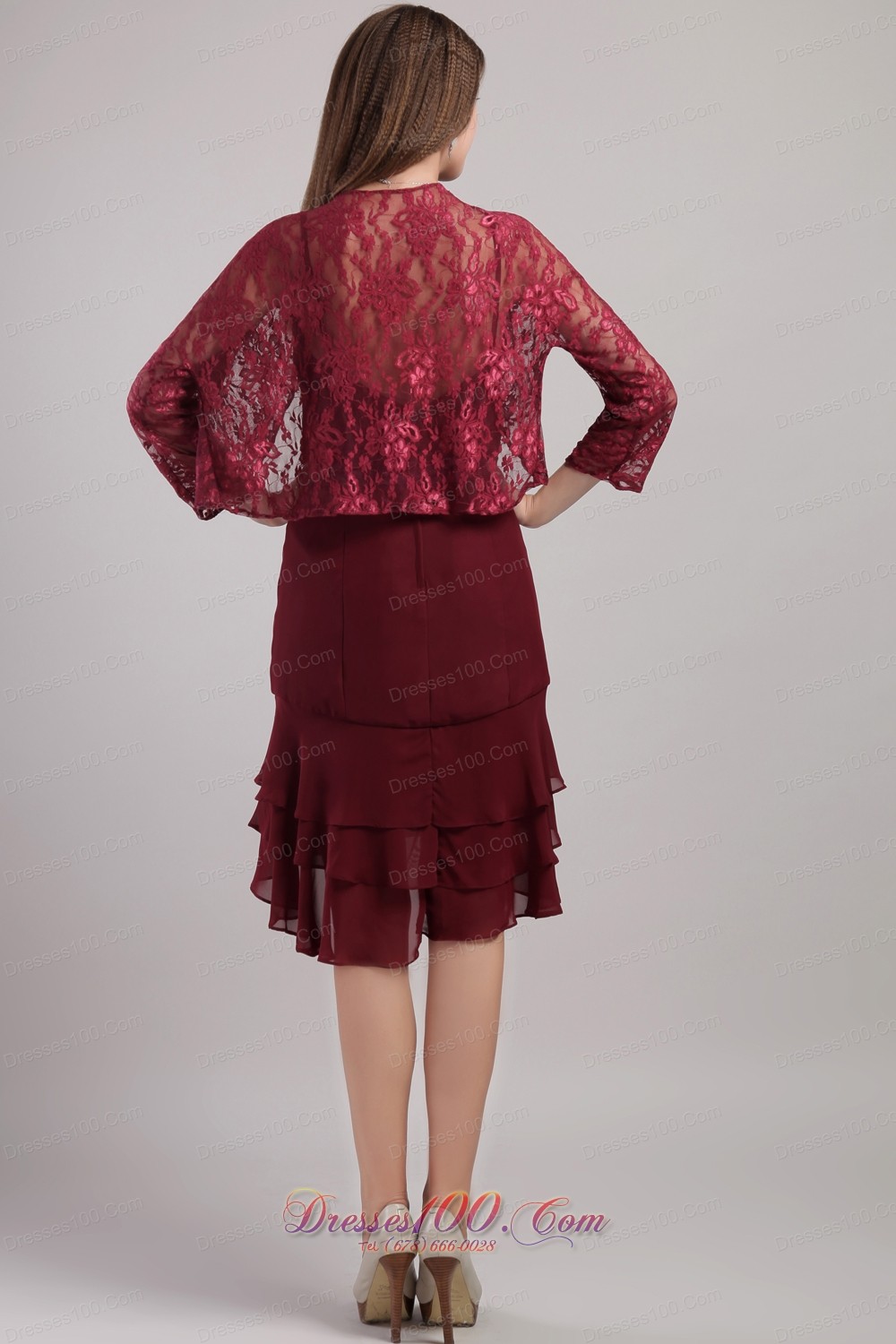 Layered Burgundy Mother Bride Dress With Lace Jacket