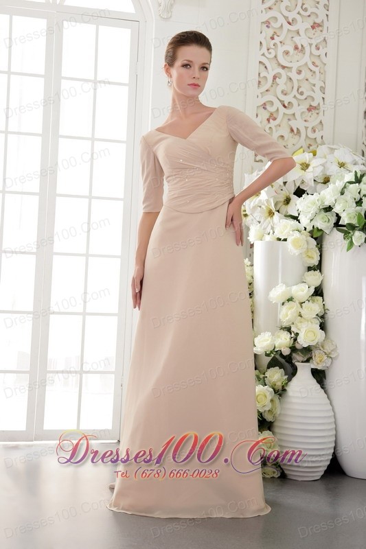 Half Sleeves Champagne V-Neck Mother Of The Bride Dress