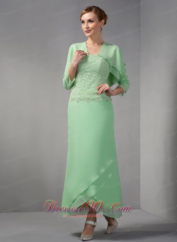 Apple Green Lace Ankle Length Mother Of Bridal Dress