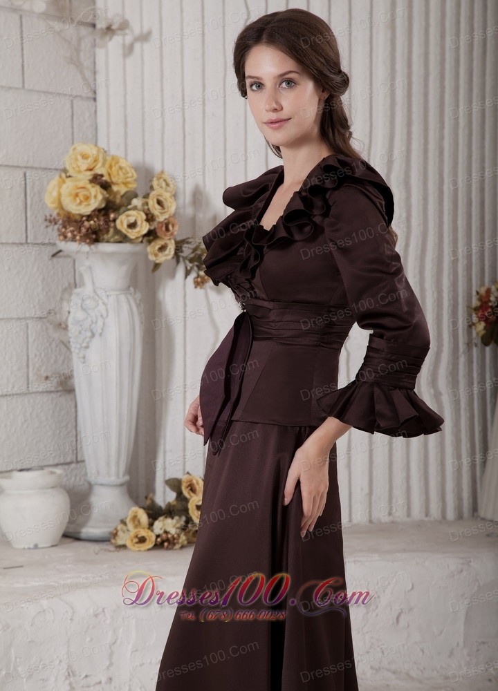 Ruffes Mother Of Bride Dress Long Sleeves Dark Brown