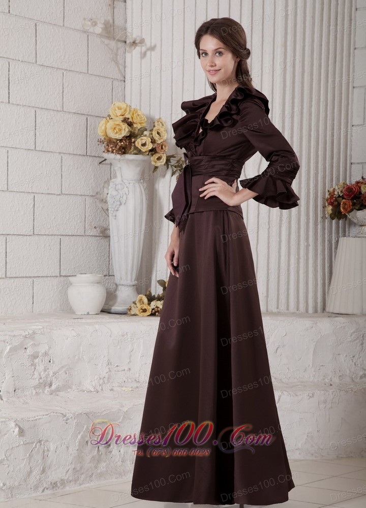 Ruffes Mother Of Bride Dress Long Sleeves Dark Brown