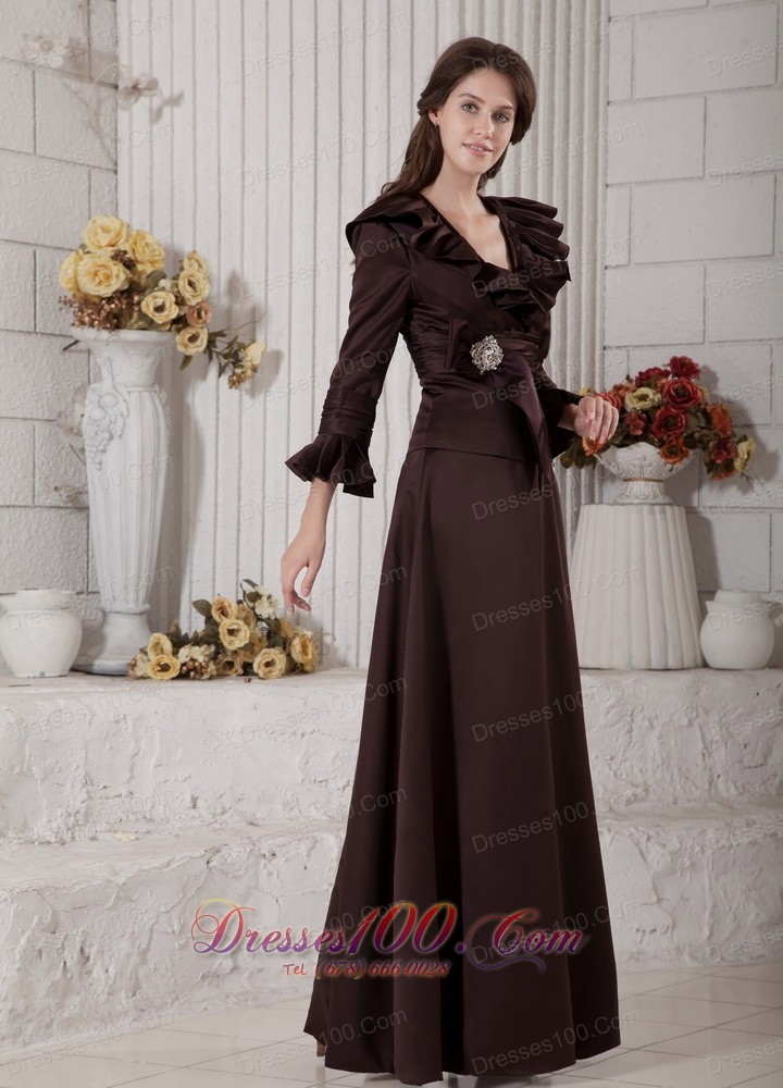 Ruffes Mother Of Bride Dress Long Sleeves Dark Brown