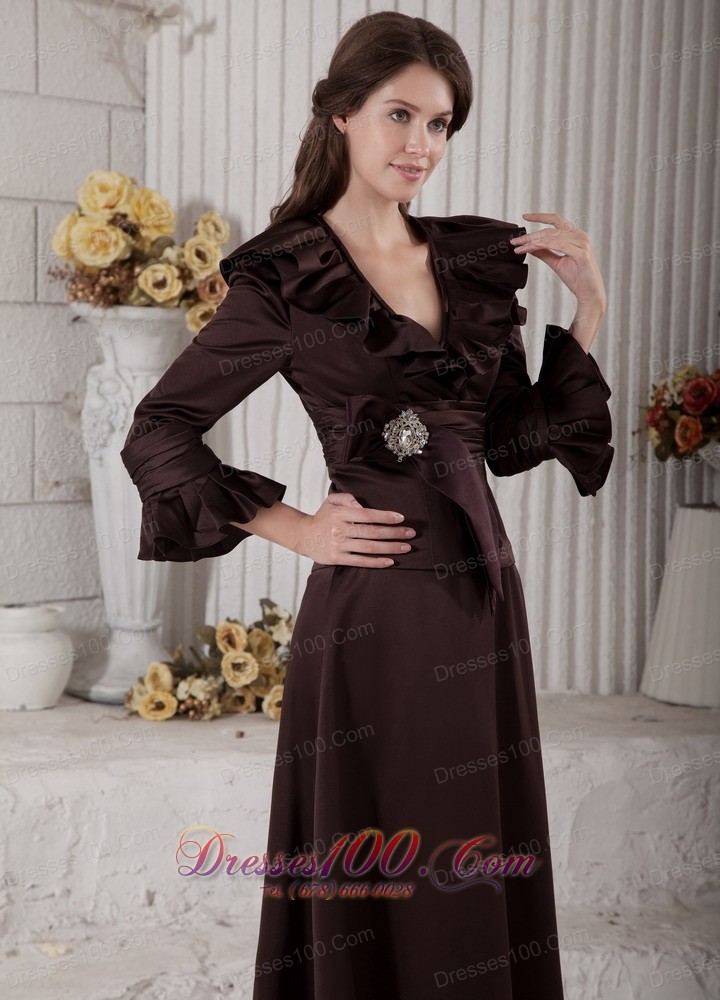 Ruffes Mother Of Bride Dress Long Sleeves Dark Brown
