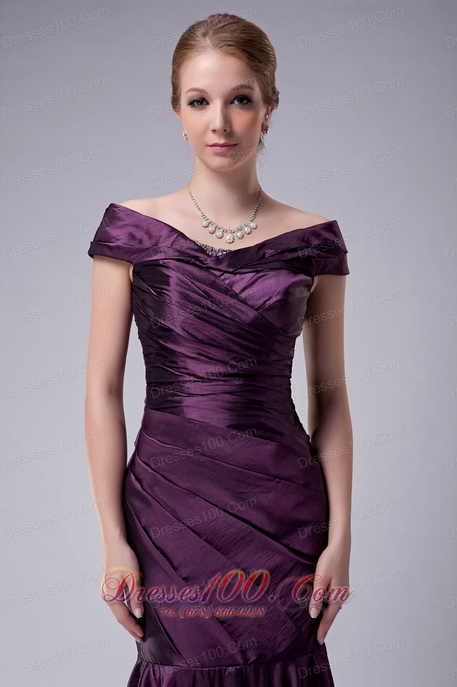 Eggplant Purple Pleated Offer Shoulder Mother's Dress