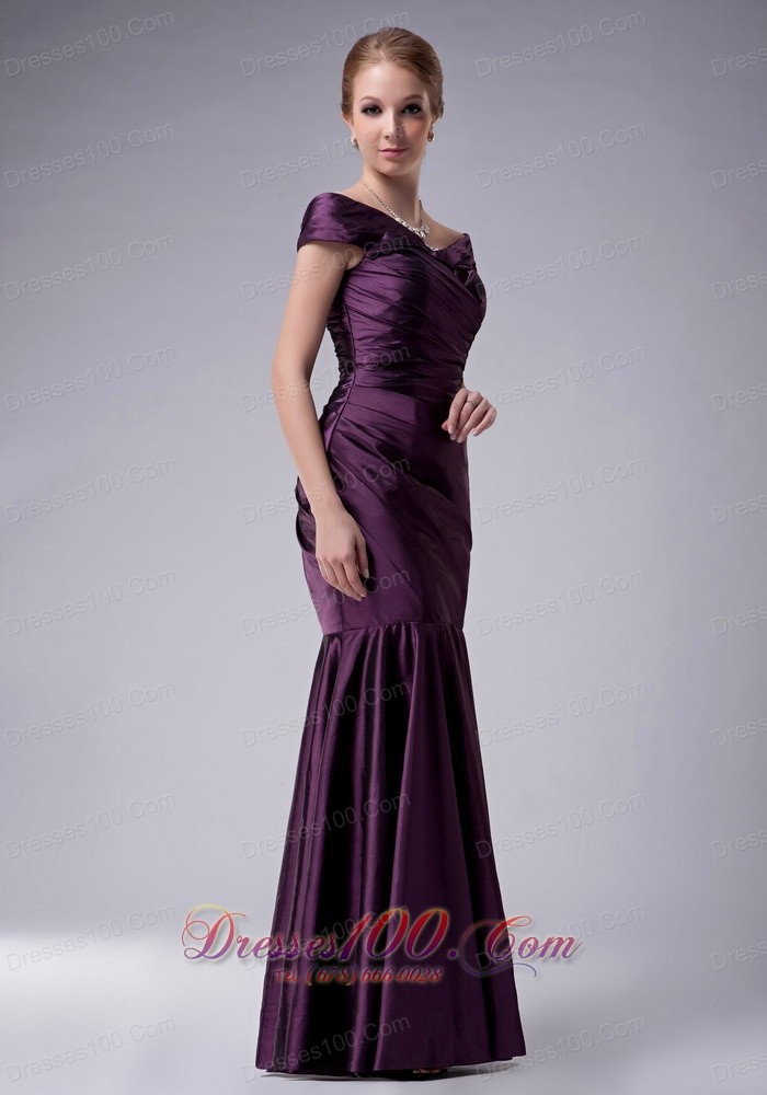 Eggplant Purple Pleated Offer Shoulder Mother's Dress