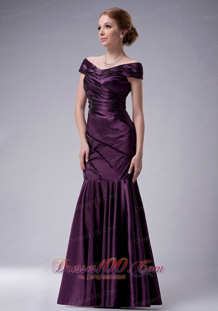Eggplant Purple Pleated Offer Shoulder Mother's Dress