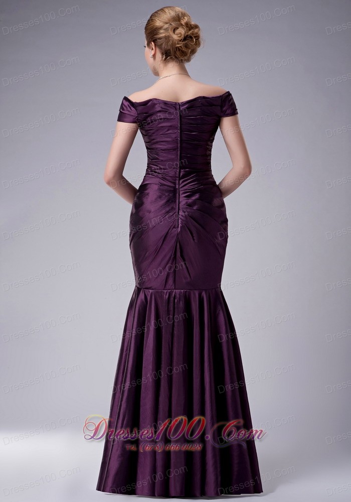 Eggplant Purple Pleated Offer Shoulder Mother's Dress