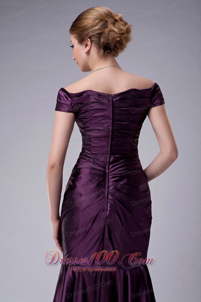 Eggplant Purple Pleated Offer Shoulder Mother's Dress