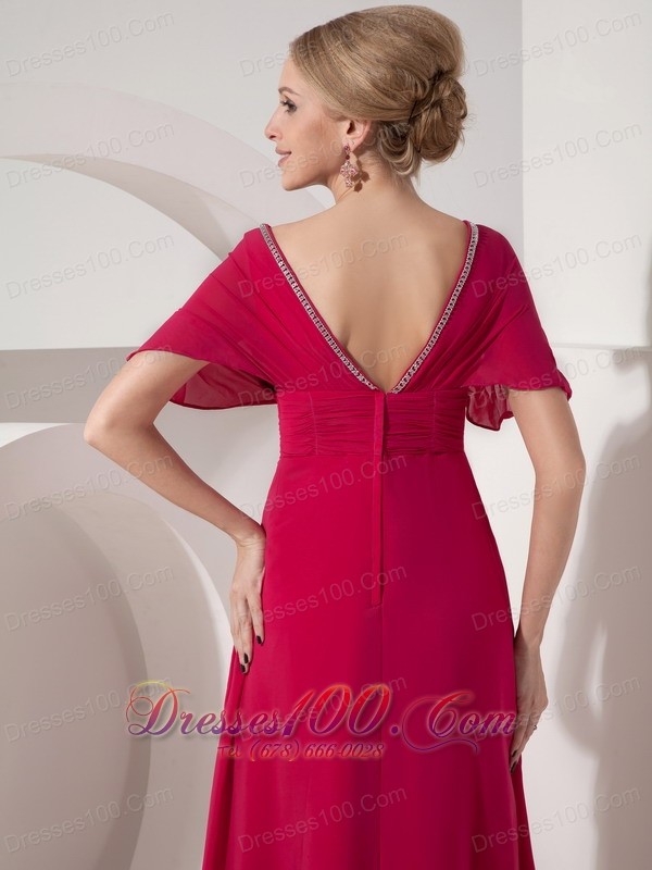 V Neck Hot Pink Mother Of Bride Dress Half Sleeves