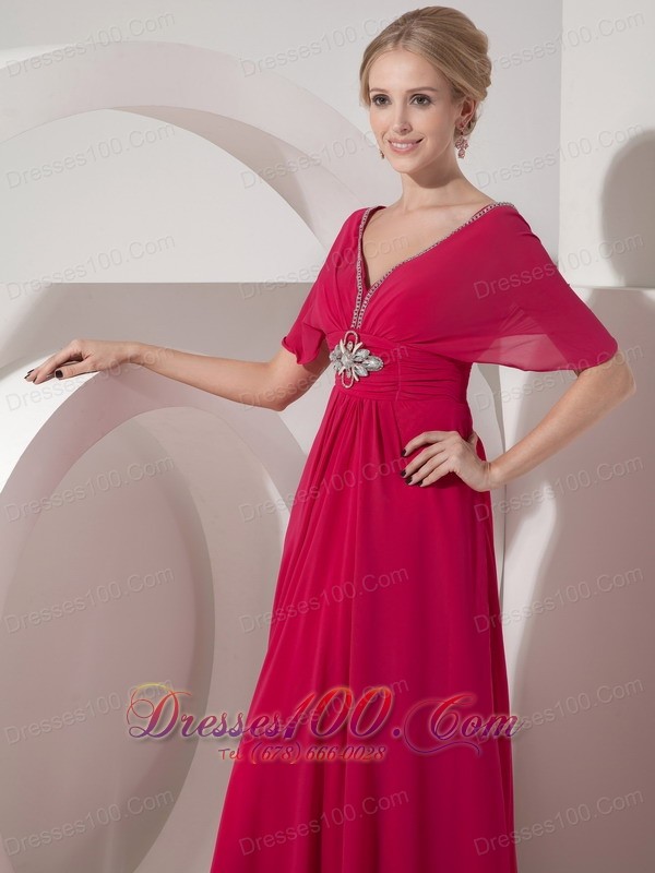 V Neck Hot Pink Mother Of Bride Dress Half Sleeves