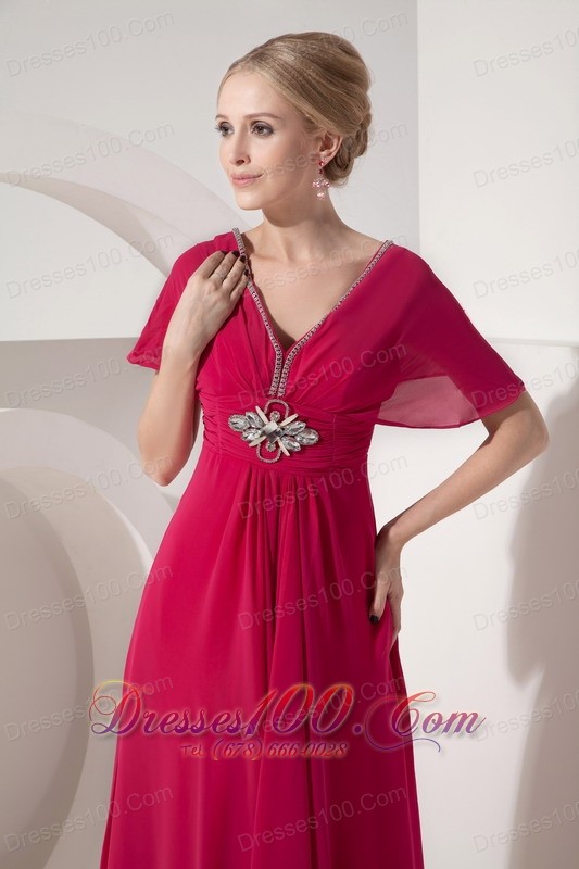 V Neck Hot Pink Mother Of Bride Dress Half Sleeves