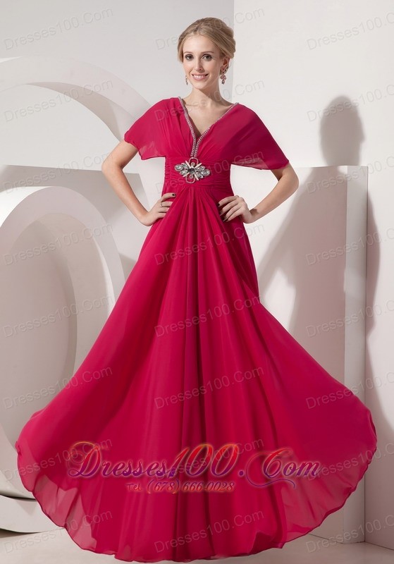 V Neck Hot Pink Mother Of Bride Dress Half Sleeves