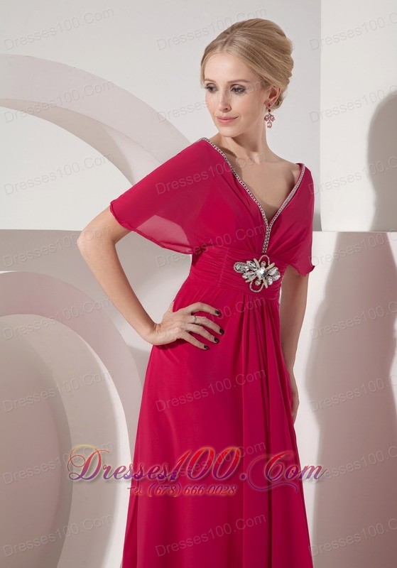 V Neck Hot Pink Mother Of Bride Dress Half Sleeves