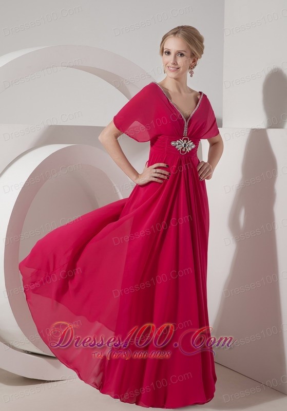 V Neck Hot Pink Mother Of Bride Dress Half Sleeves