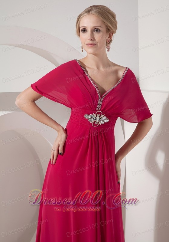 V Neck Hot Pink Mother Of Bride Dress Half Sleeves