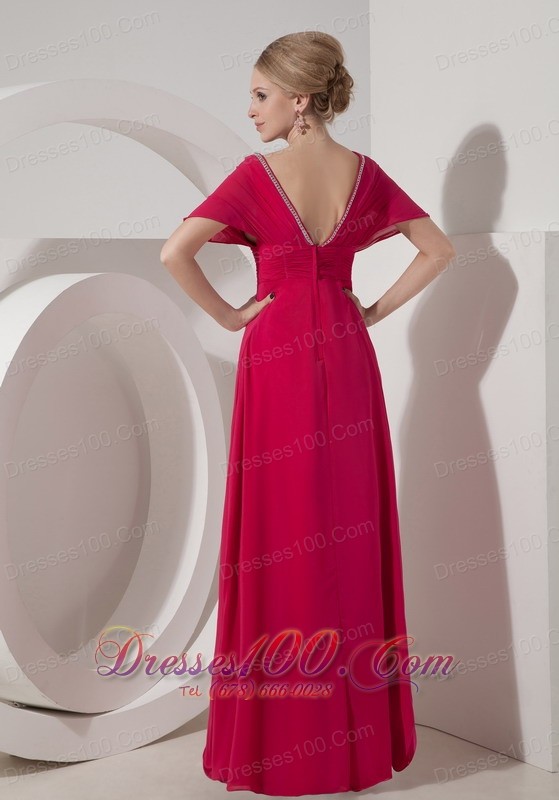 V Neck Hot Pink Mother Of Bride Dress Half Sleeves