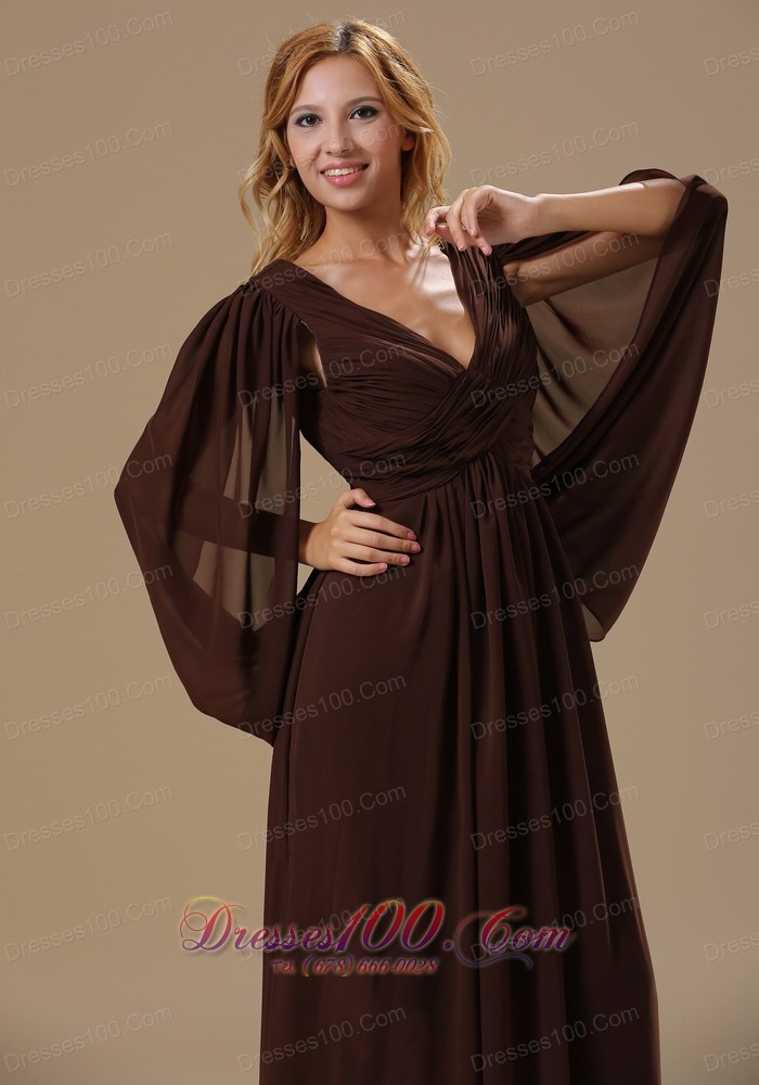 Special Sleeves Dark Brown Chiffon Mother Bride Dress