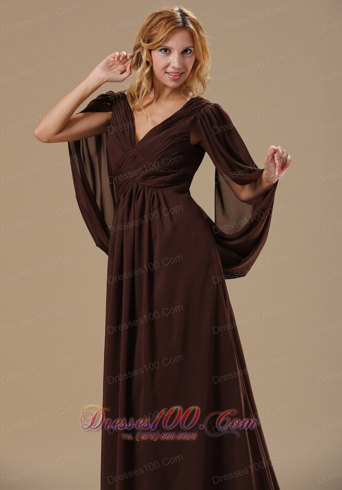 Special Sleeves Dark Brown Chiffon Mother Bride Dress