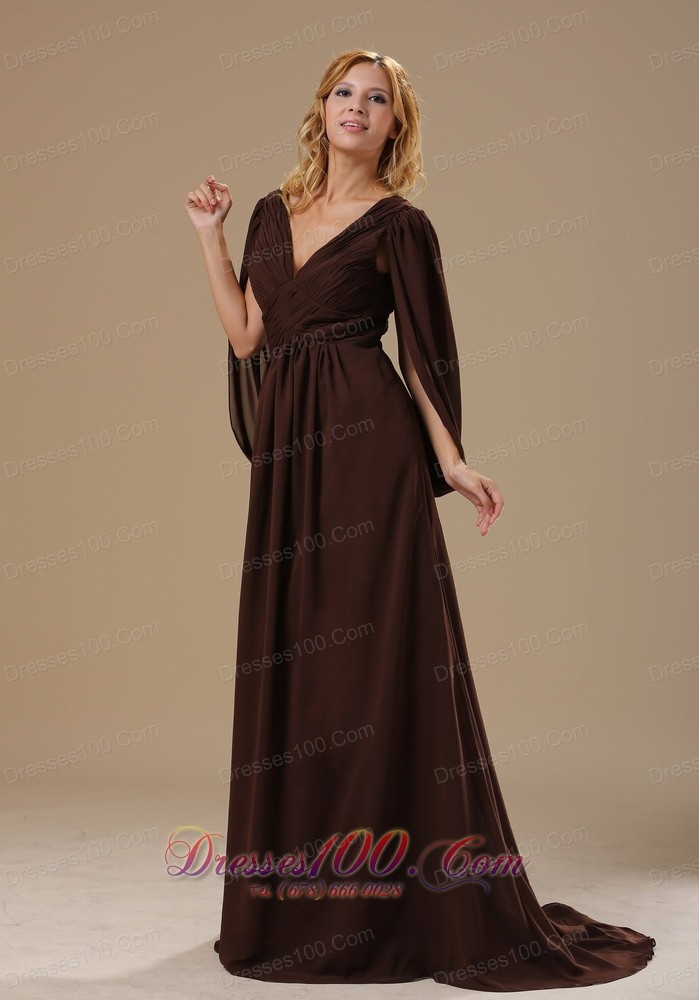 Special Sleeves Dark Brown Chiffon Mother Bride Dress
