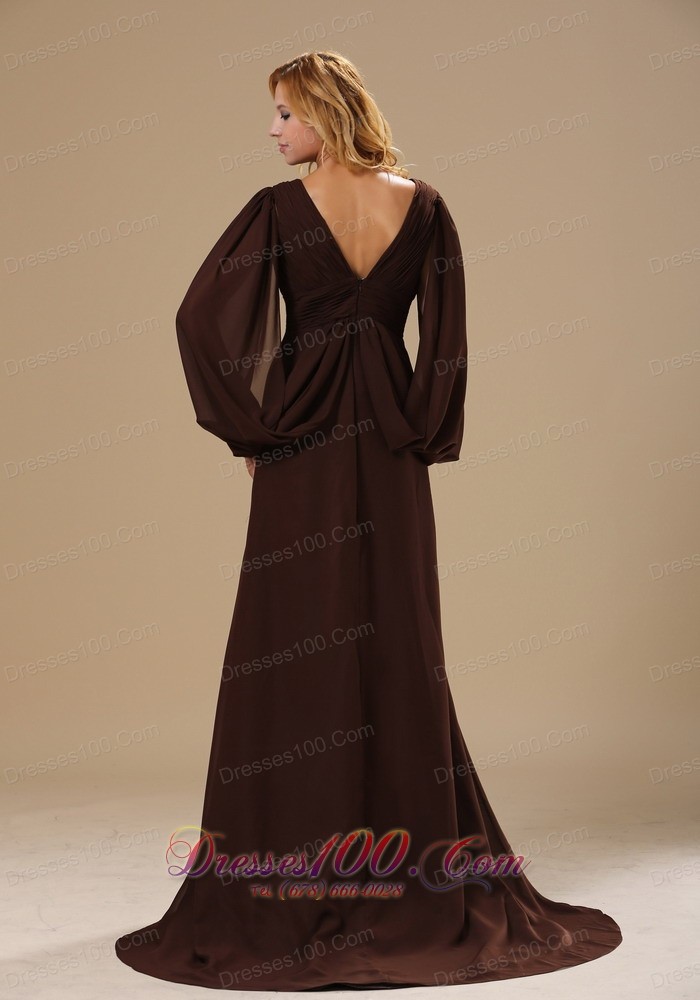 Special Sleeves Dark Brown Chiffon Mother Bride Dress