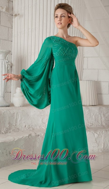 Sea Green One Shoulder Long Sleeves Mother In Law Dress