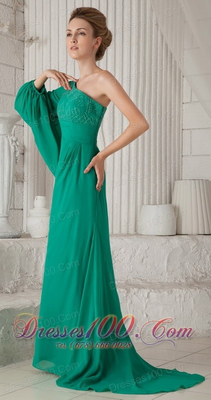 Sea Green One Shoulder Long Sleeves Mother In Law Dress
