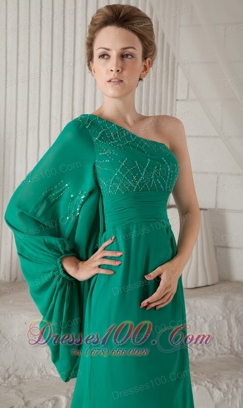 Sea Green One Shoulder Long Sleeves Mother In Law Dress