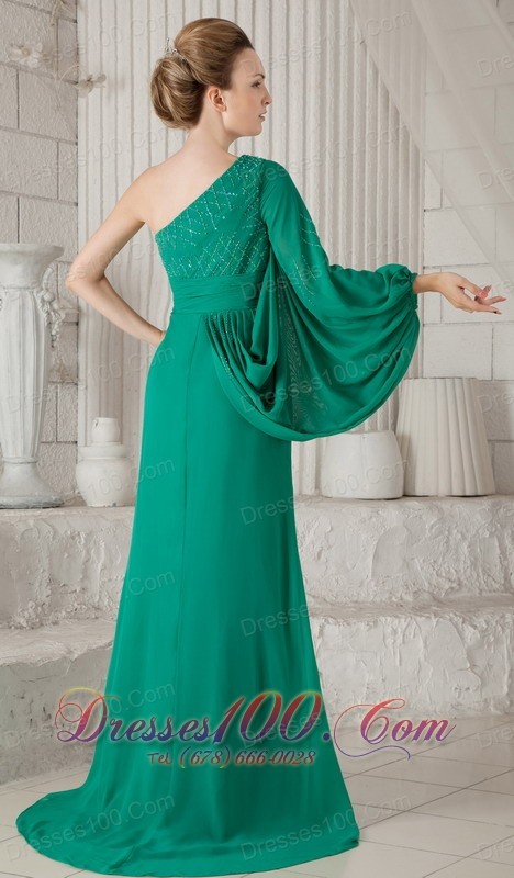 Sea Green One Shoulder Long Sleeves Mother In Law Dress