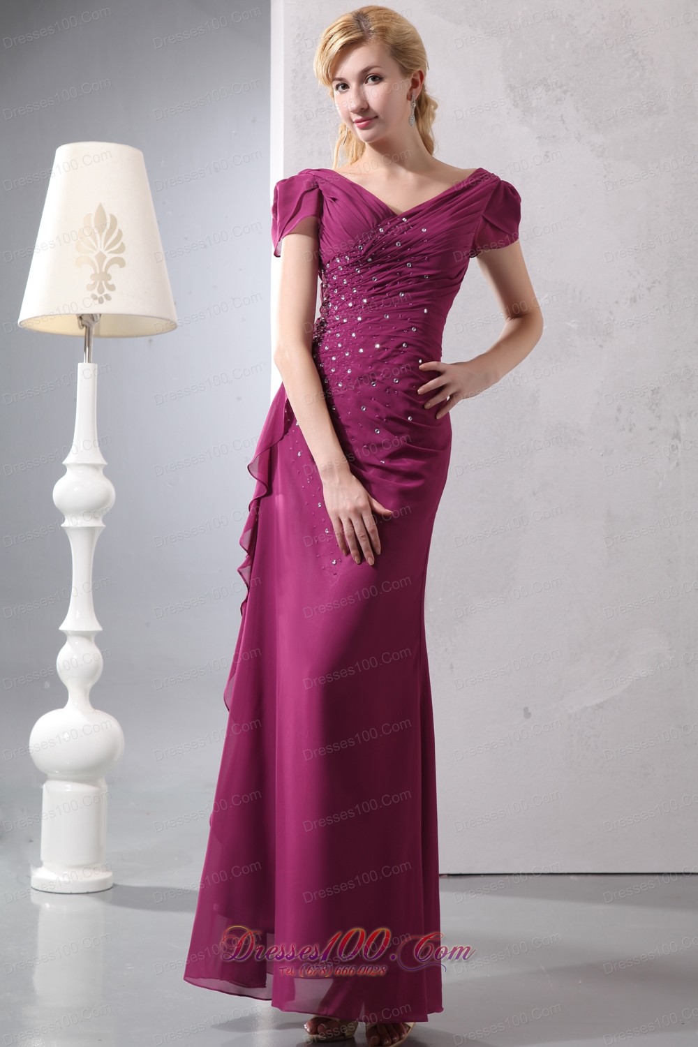 Prom Dress With Cap Sleeves Burgundy Layered Chiffon