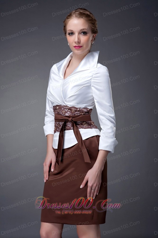 Belt Collar Lace Sleeves White Brown Mothers Dresses