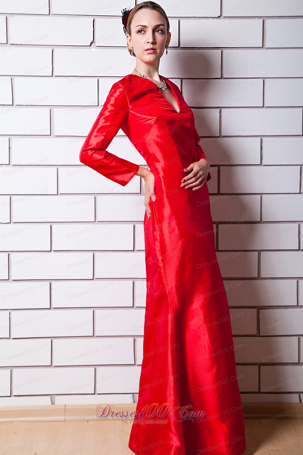 V Neck Red Sleeves Column Mother Of Bride Dress