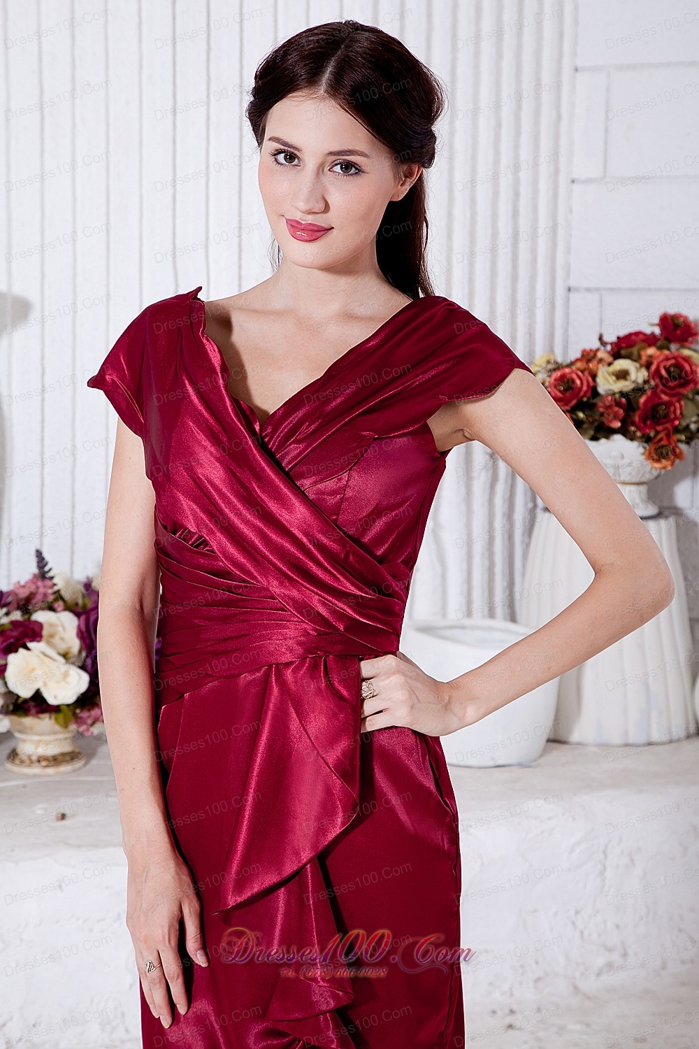 Mother Of The Bride Dress Ruch Wine Red V Neck