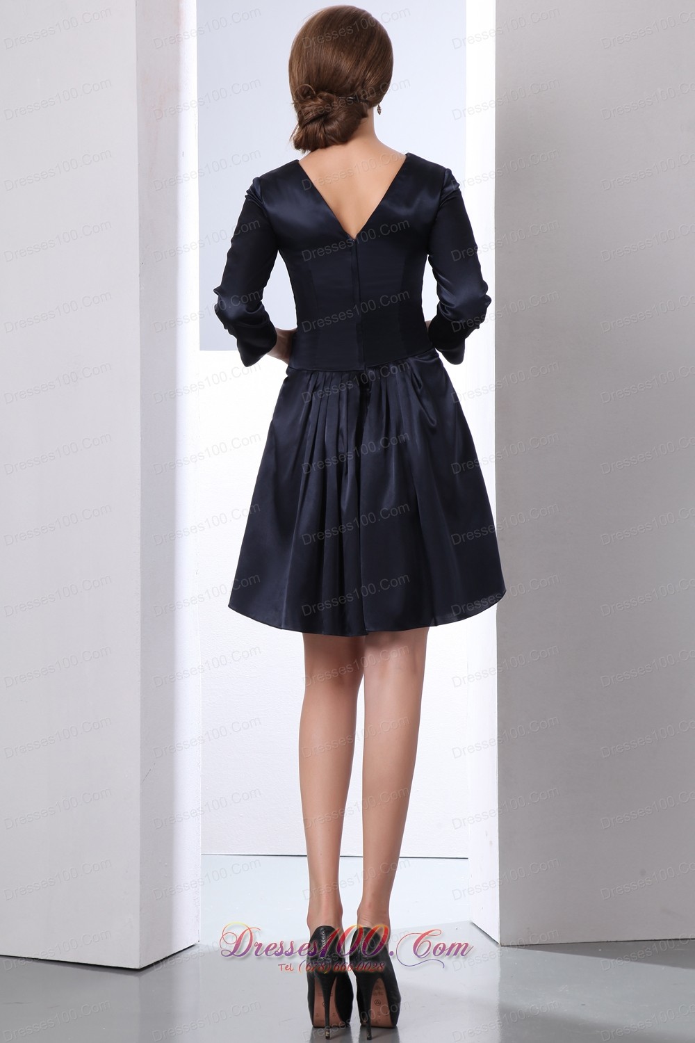 Black V-neck Mini-length Sleeves Mother of the Bride Dress
