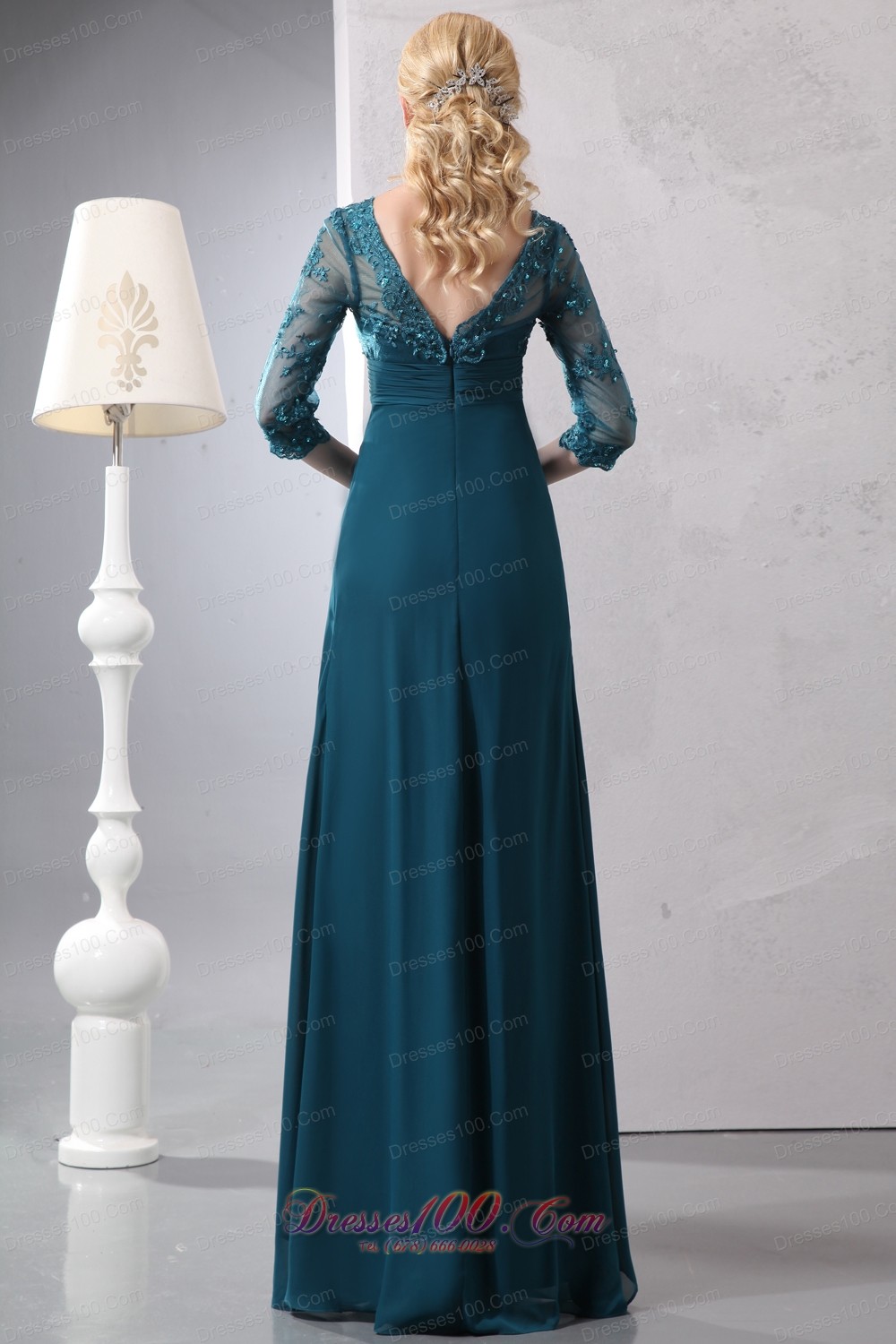 V-neck Lace Sleeves Chiffon Mother of The Groom Dresses