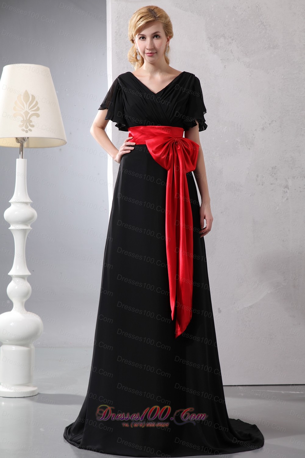 ... Prom Dresses, Black and Red Bowknot Butterfly Sleeves Prom Dress