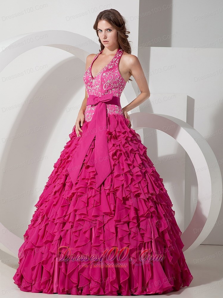 Hot Pink Halter Chiffon Quinceanera Dress Layer
