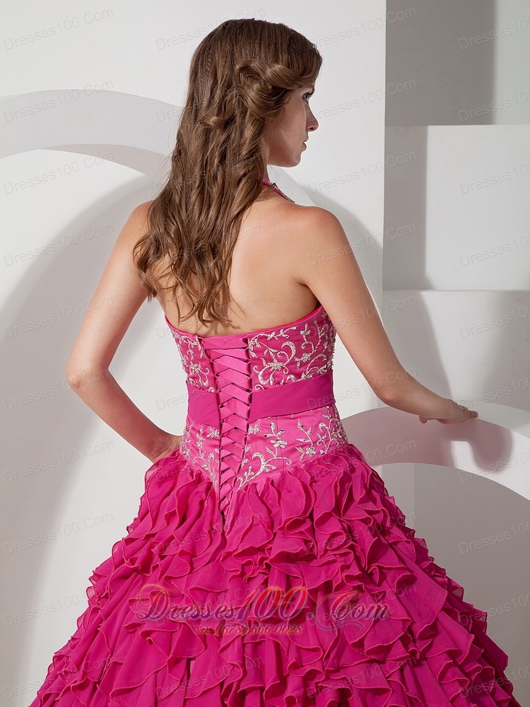 Hot Pink Halter Chiffon Quinceanera Dress Layer