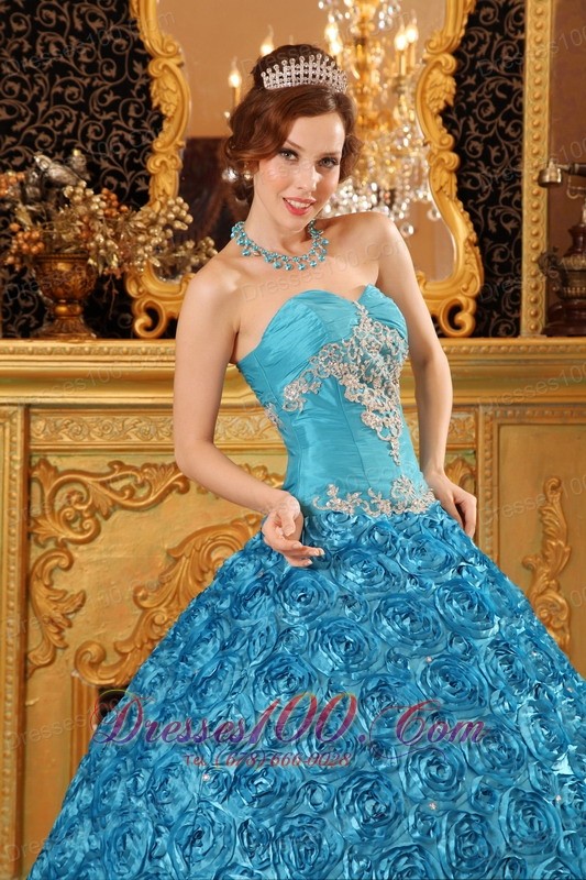 Rolling Flower Sky Blue Appliques Sweetheart Quinceanera Gown